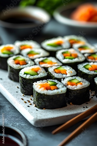 Vegan Sushi Rolls - Sushi rolls filled with avocado, cucumber, carrots, and pickled ginger, served with soy sauce..