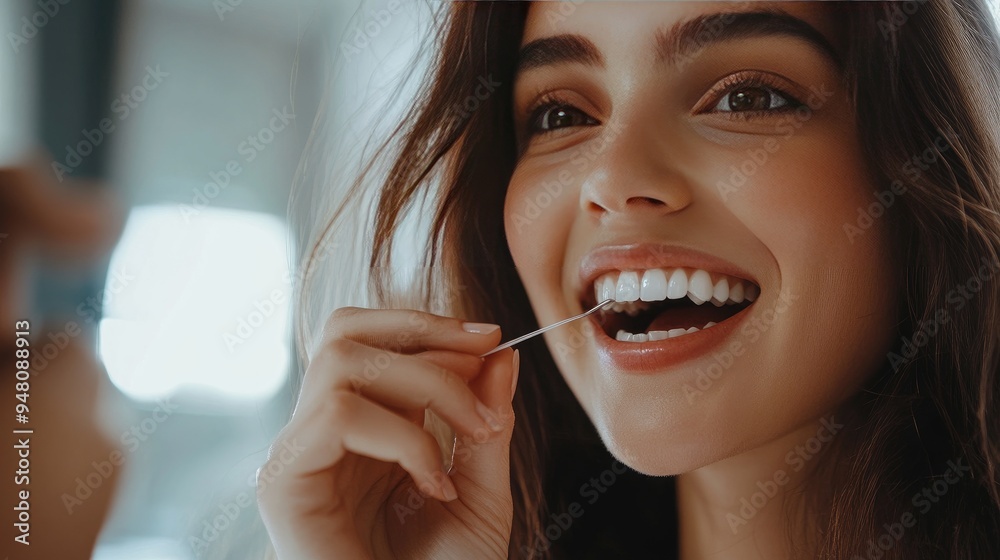 A woman flossing her teeth in front of a mirror, focusing on the importance of maintaining gum health A woman flossing her teeth in front of a mirror, focusing on the importance of maintaining gum health