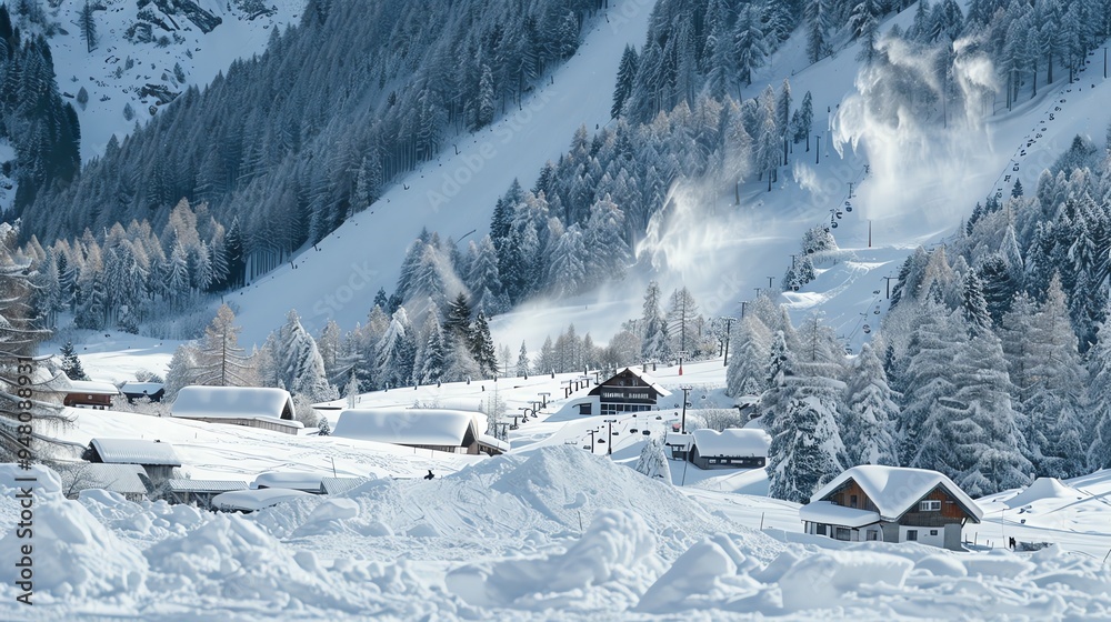 A winter scene with a ski resort in the mountains. A winter scene with a ski resort in the mountains.