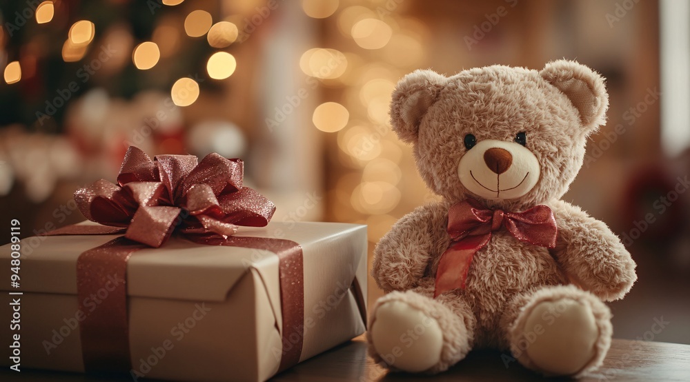 Teddy Bear with Gift Box by the Window