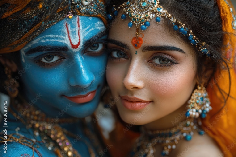 Obraz premium Couple posing as hindu deities radha krishna showing indian culture