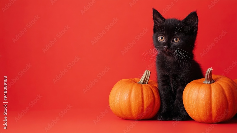 Spooky Jack-O'-Lanterns with Cuddly Black Kitten Spooky Jack-O'-Lanterns with Cuddly Black Kitten