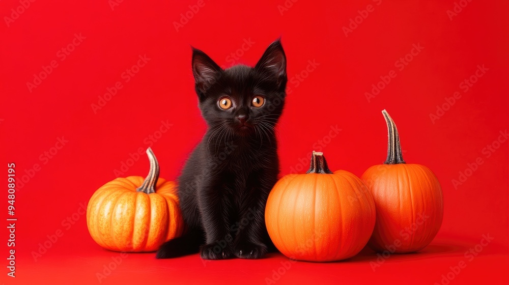 Kitten in Halloween: Black Cat with Jack-O'-Lanterns Kitten in Halloween: Black Cat with Jack-O'-Lanterns