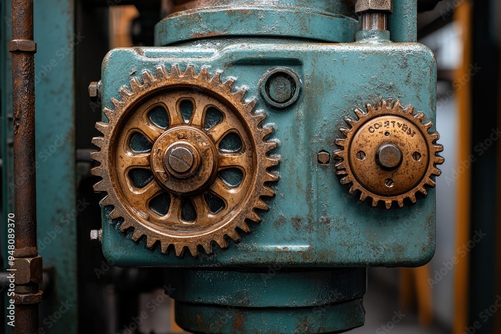 Close-up of industrial gears with rust on green machinery background Close-up of industrial gears with rust on green machinery background