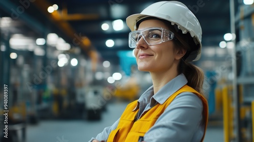 Cheerful Employee with Helmet in Production Setting