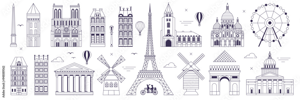 Travel Paris Web Banner with Popular Landmarks