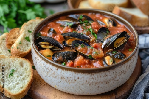 Steaming bowl of mussels cooked in tomato sauce with herbs photo