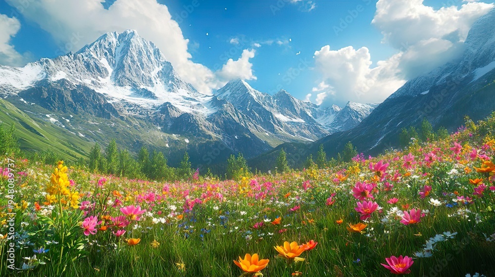 Fototapeta premium Peaceful Meadow in Spring Blooming Flowers and a Gentle Stream Create a Tranquil Scene