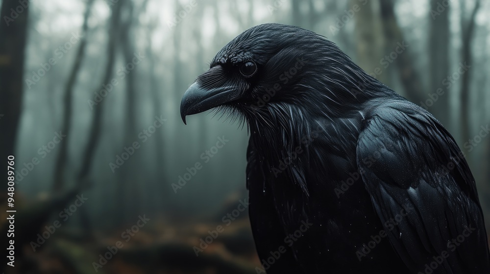 Fototapeta premium Mysterious Black Raven in Forest
