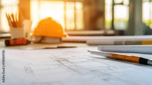 Architecture, level and above of desk with blueprint, floorplan and design for building. Civil engineering, background and equipment for urban planning
