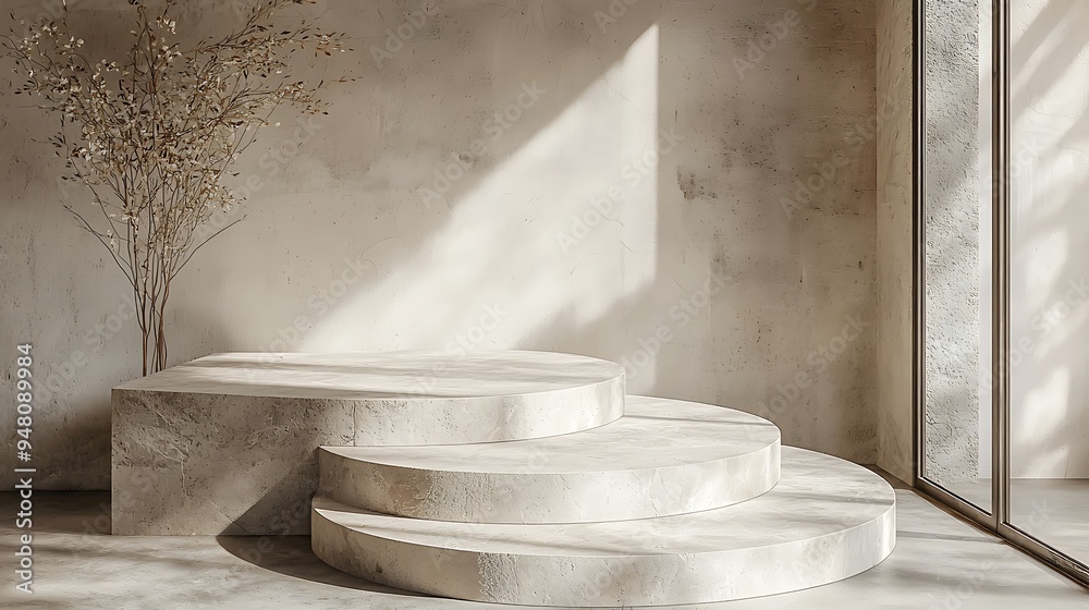 A minimalist concrete podium highlighted by dried flowers and soft sunlight. A minimalist concrete podium highlighted by dried flowers and soft sunlight.