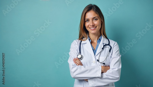 A young, smiling Caucasian woman with long brown hair wearing a white medical coat and stethoscope, standing in front of a teal background