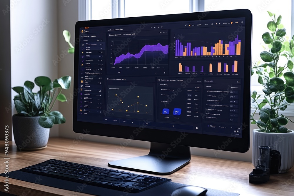 Computer monitor showing statistical charts on wooden desk with plants Computer monitor showing statistical charts on wooden desk with plants
