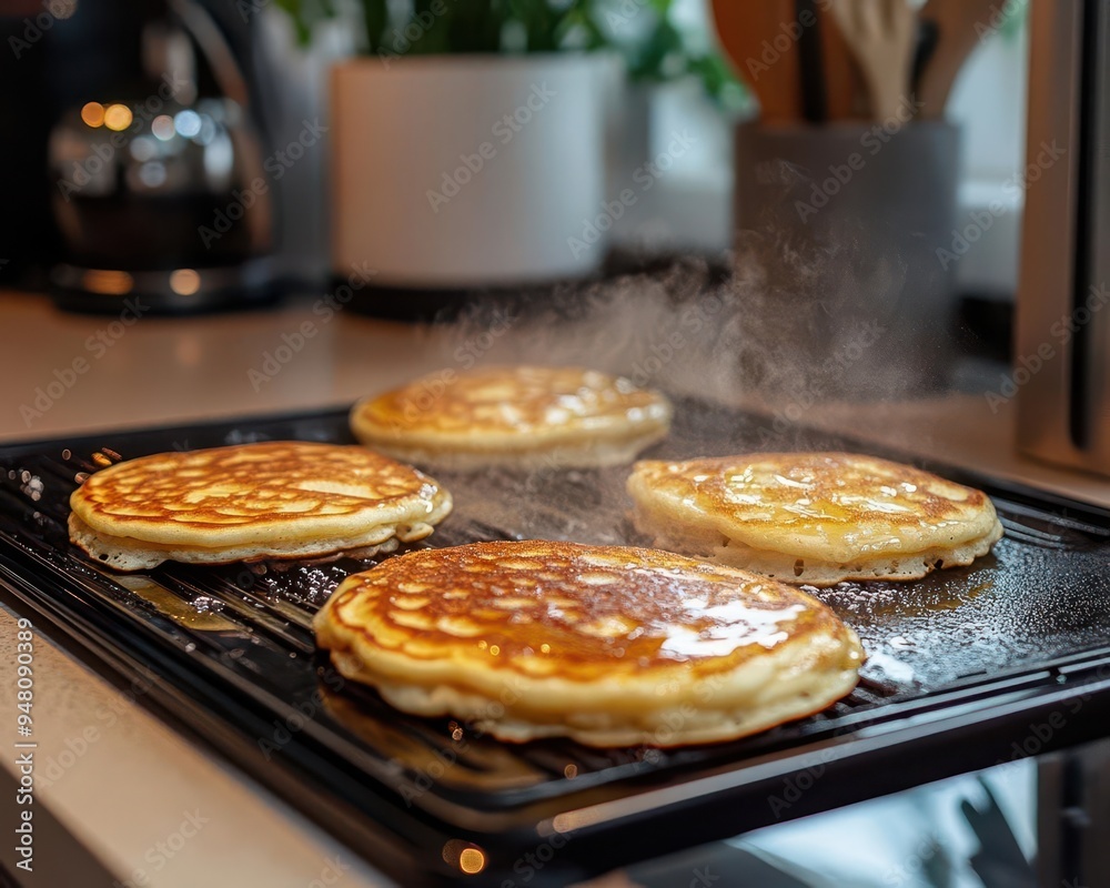 Electric griddle with pancakes cooking on a kitchen counter Electric griddle with pancakes cooking on a kitchen counter
