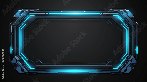 Frame, futuristic and glowing blue for gaming overlay, streaming or digital content. Vector, neon and technological border with dark background for modern design, esports graphics or sci-fi interface 