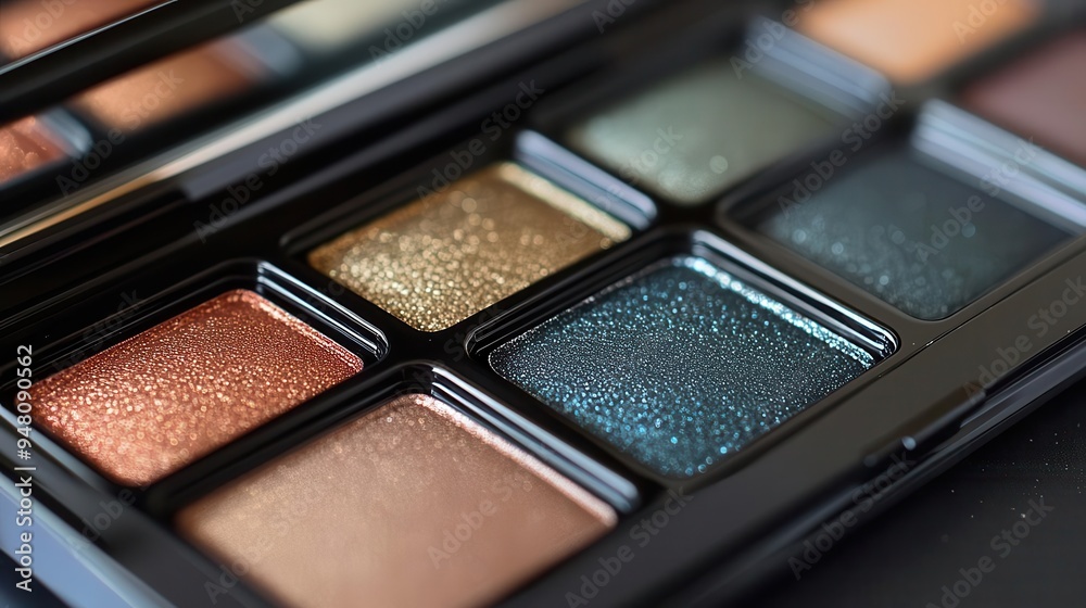 Eyeshadow palette with colors open, displaying a range of shades Eyeshadow palette with colors open, displaying a range of shades