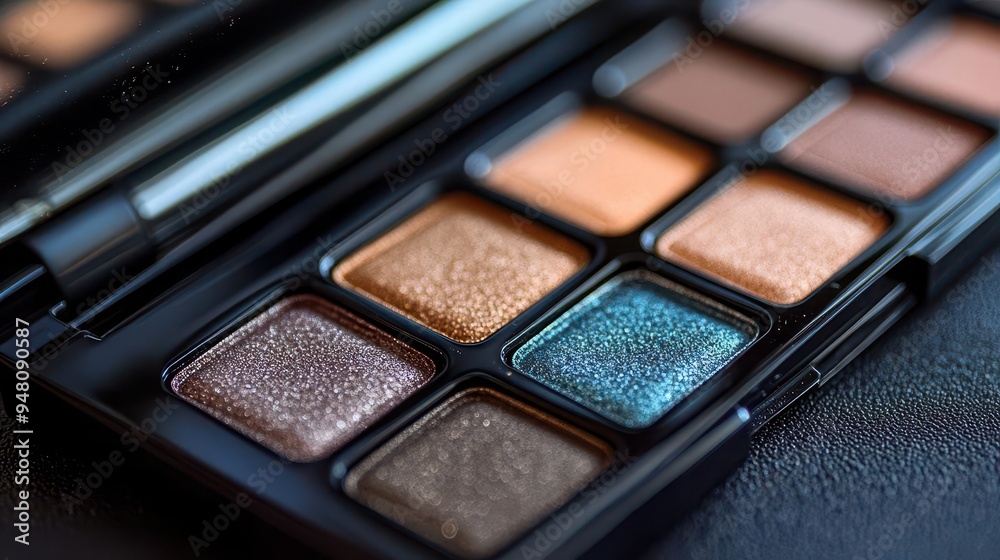 Eyeshadow palette with colors open, displaying a range of shades Eyeshadow palette with colors open, displaying a range of shades