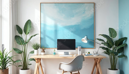 A minimalist home office with a wooden desk  a gray office chair  and a large framed artwork depicting a serene landscape with mountains and a cloudy sky