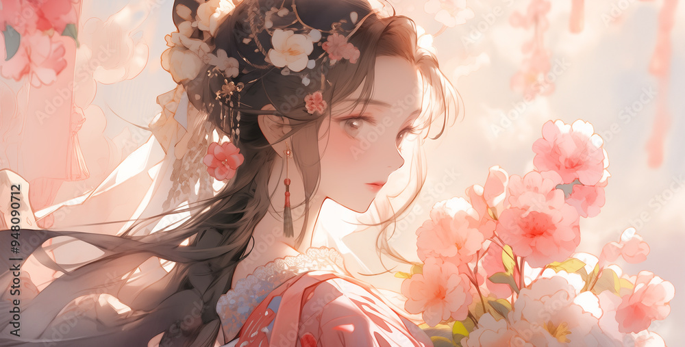 Φωτογραφία Hand drawn cartoon illustration of a girl in Chinese costume among flowers