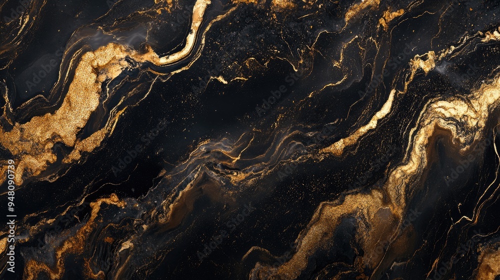 Fototapeta premium Dark brown marble with bright golden marbling, creating a striking and opulent texture