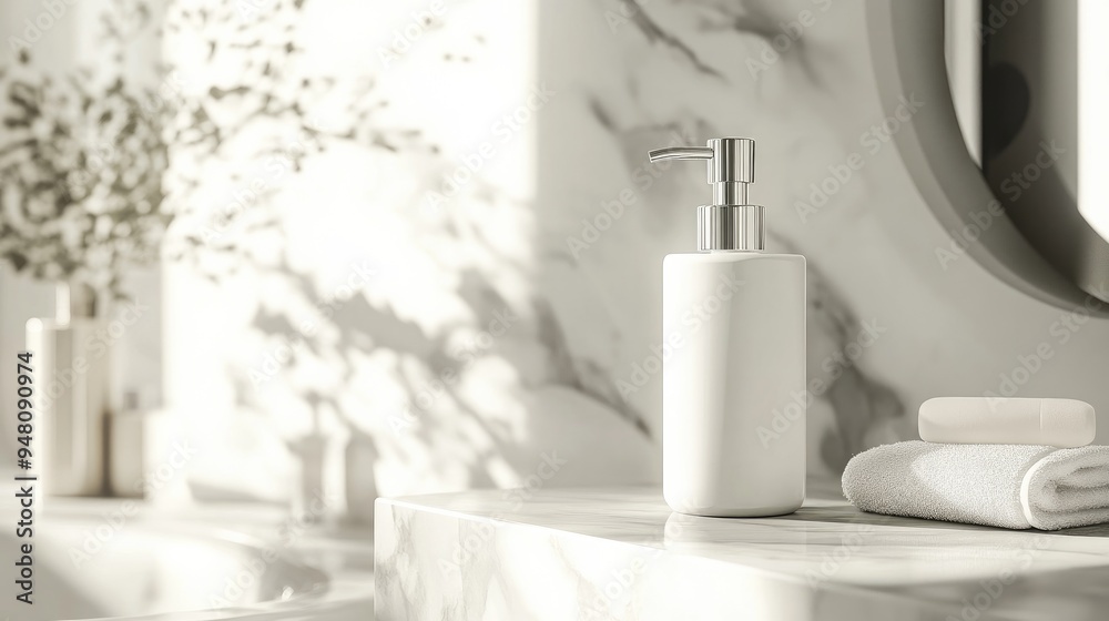 A bottle of luxury lotion, with a pump dispenser, placed on a marble vanity. A bottle of luxury lotion, with a pump dispenser, placed on a marble vanity.