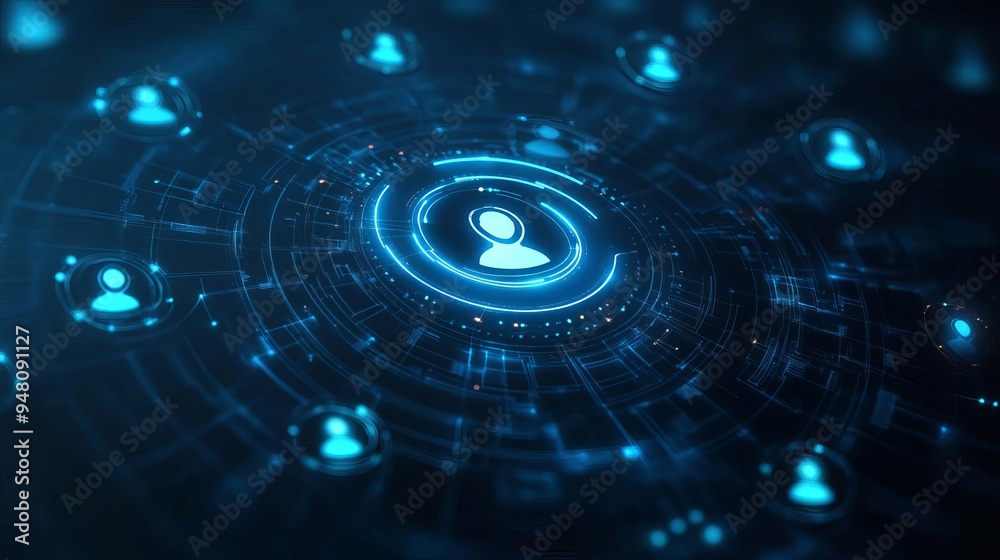 Abstract digital network with glowing user icons connected in a circular pattern, representing social connections in cyberspace. Abstract digital network with glowing user icons connected in a circular pattern, representing social connections in cyberspace.