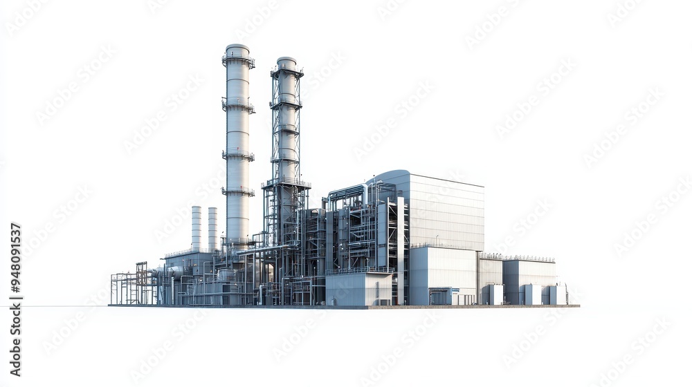 A large power plant features towering stacks and extensive machinery, actively producing electricity in a clear blue sky A large power plant features towering stacks and extensive machinery, actively producing electricity in a clear blue sky