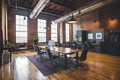 A shared remote working space in a loft apartment with an industrial design, large communal table, modern office chairs, high ceilings, and exposed brick walls, fostering collaboration