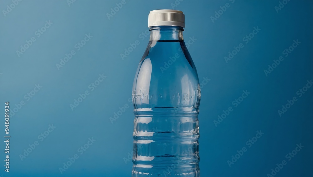 The contrast between a blue background and a clear plastic bottle with a white cap is striking The contrast between a blue background and a clear plastic bottle with a white cap is striking