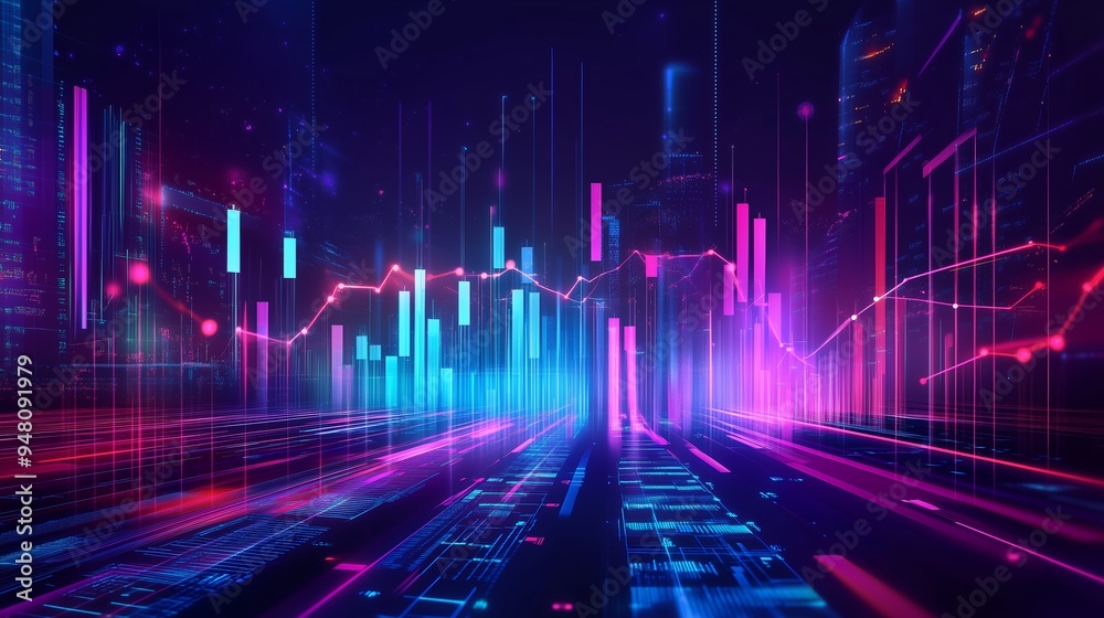Vibrant digital landscape with dynamic data visualization in a futuristic city at night reflecting modern technology and innovation Vibrant digital landscape with dynamic data visualization in a futuristic city at night reflecting modern technology and innovation