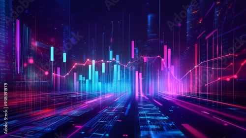 Vibrant digital landscape with dynamic data visualization in a futuristic city at night reflecting modern technology and innovation