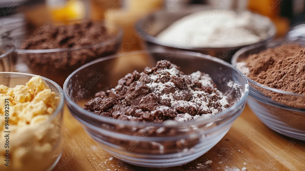 Mixing bowls with ingredients being combined for a recipe Mixing bowls with ingredients being combined for a recipe