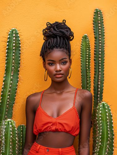 A woman with a red top and gold earrings poses in front of a cactus