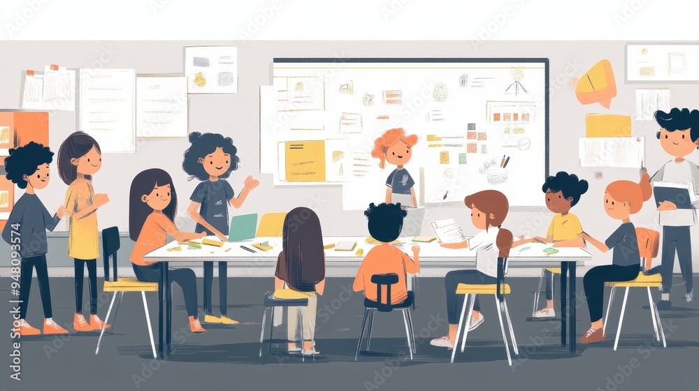 In a colorful classroom, students of various cultural backgrounds engage actively in a group project In a colorful classroom, students of various cultural backgrounds engage actively in a group project