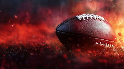 American football, dramatic lighting and smoke effect for sports advertisement, game anticipation or championship intensity. Ball, close-up and fiery red background for football season, team spirit