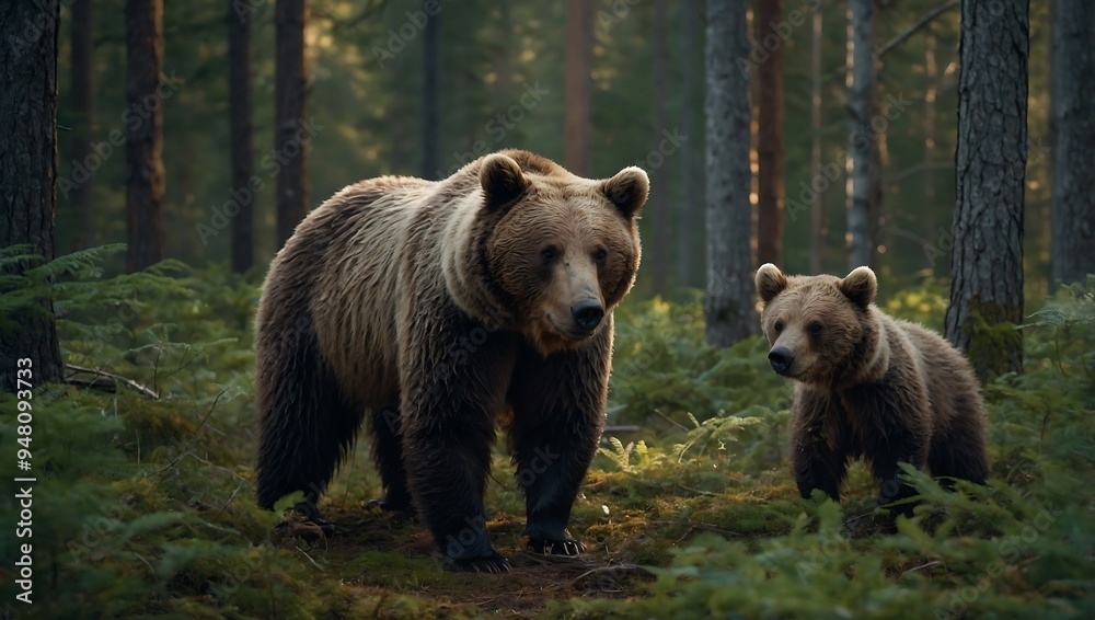The forest clearing scene features a nurturing mother bear with her adorable cubs The forest clearing scene features a nurturing mother bear with her adorable cubs