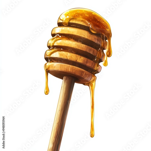 A honey dipper clipart, kitchen tool, hand-drawn style, with golden honey dripping from the wooden stick, isolated on white background photo