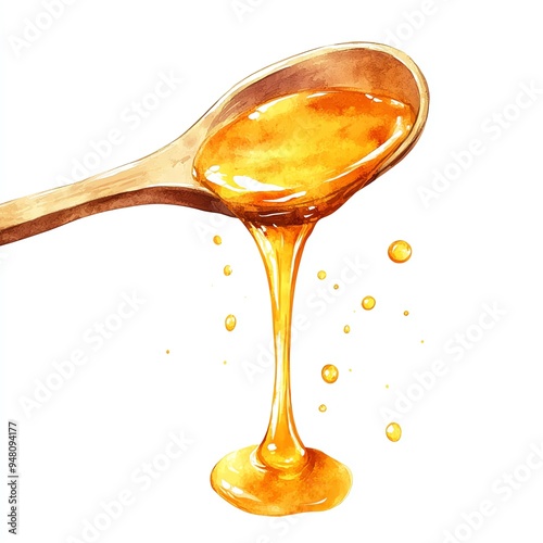 A honey spoon clipart, kitchen tool, watercolor style, with honey dripping from the spoon, isolated on white background