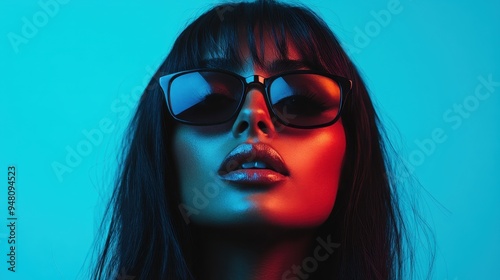 A stylish woman with dark hair wearing glasses, set against a blue-toned backdrop, creating a modern and sophisticated look with a hint of mystery and elegance.