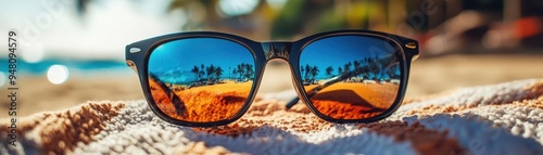 Sunglasses with polarized lenses resting on a beach towel