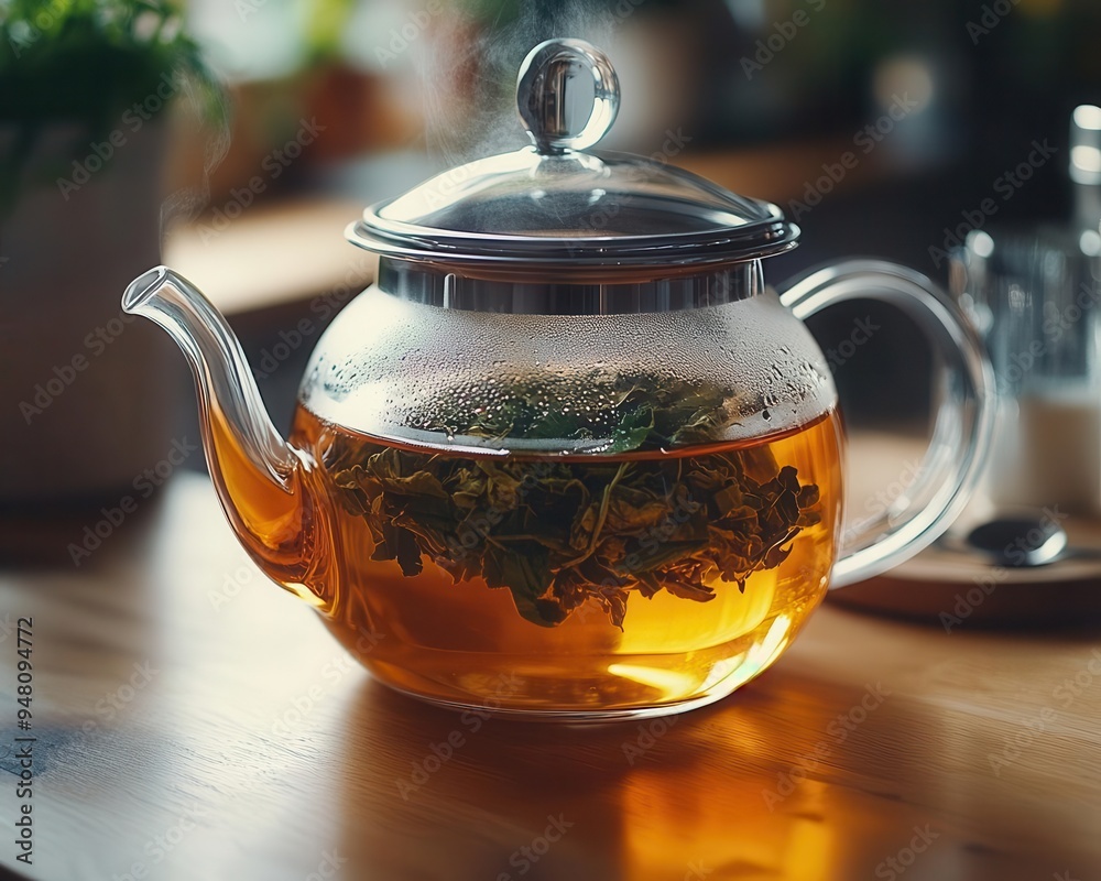 Teapot with tea leaves steeping tea in a cozy kitchen Teapot with tea leaves steeping tea in a cozy kitchen