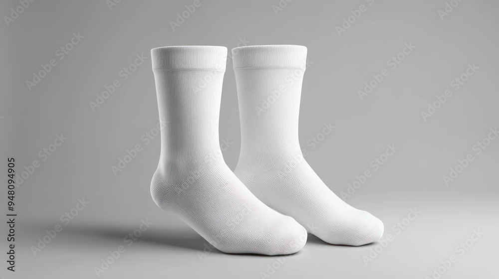 A Pair of White Cotton Socks on a Grey Background A Pair of White Cotton Socks on a Grey Background