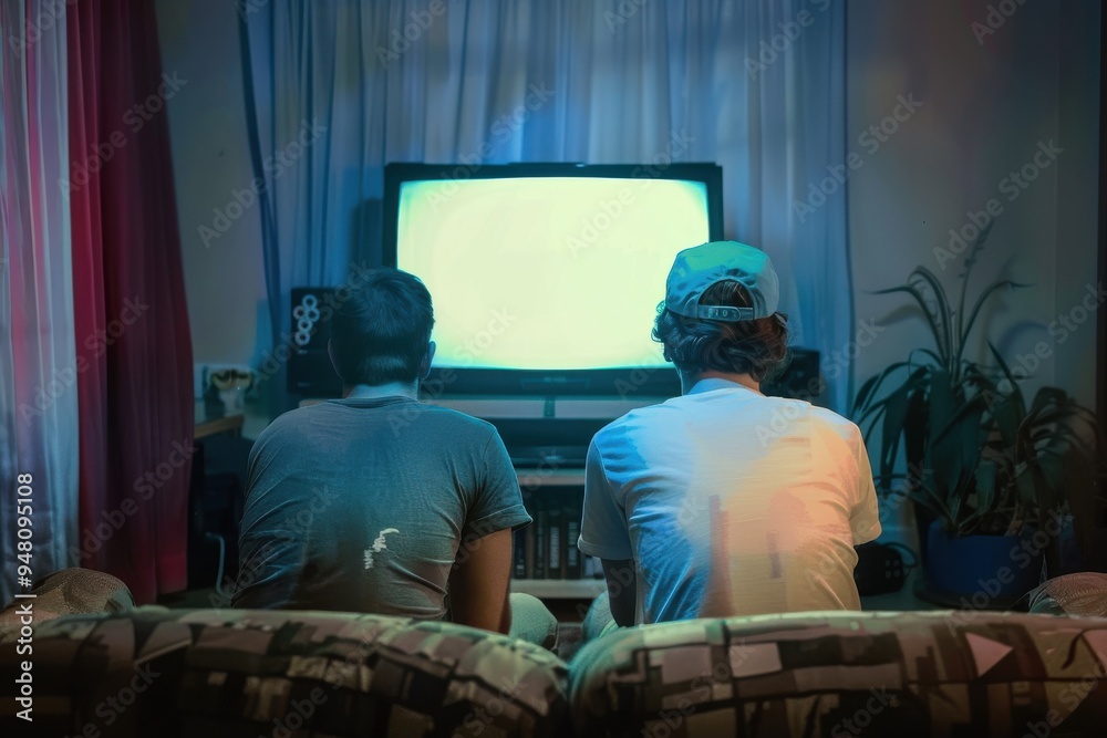Young men playing video game on television at home Rear view of young men playing video game on television at home. Male friends are enjoying in living room. They are sitting on sofa. Young men playing video game on television at home Rear view of young men playing video game on television at home. Male friends are enjoying in living room. They are sitting on sofa.