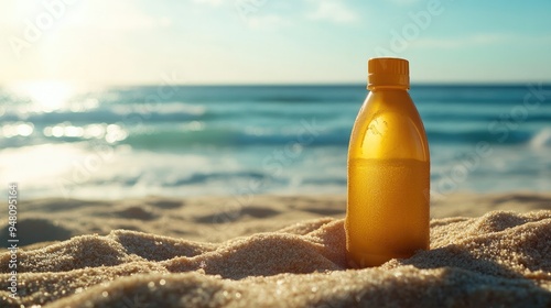 A bottle of sunscreen on a sandy beach towel, with the ocean in the background.