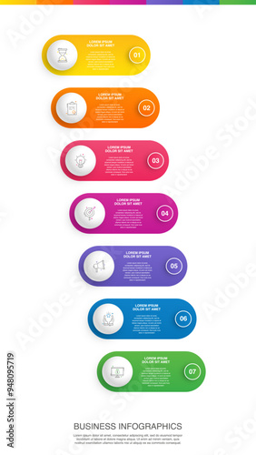 Vector infographic design template. Modern timeline concept with seven steps, circles. Vector illustration used for diagram, workflow layout, banner, webdesign, presentations, flowchart