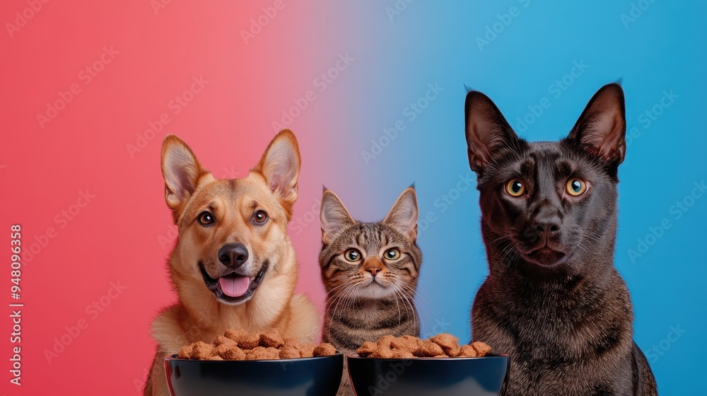 A cheerful dog and two cats sitting with bowls of pet food against a vibrant red and blue gradient background.
A cheerful dog and two cats sitting with bowls of pet food against a vibrant red and blue gradient background.