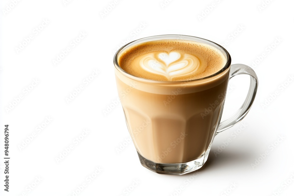 Sleek latte in a transparent glass cup against a pure white background Sleek latte in a transparent glass cup against a pure white background