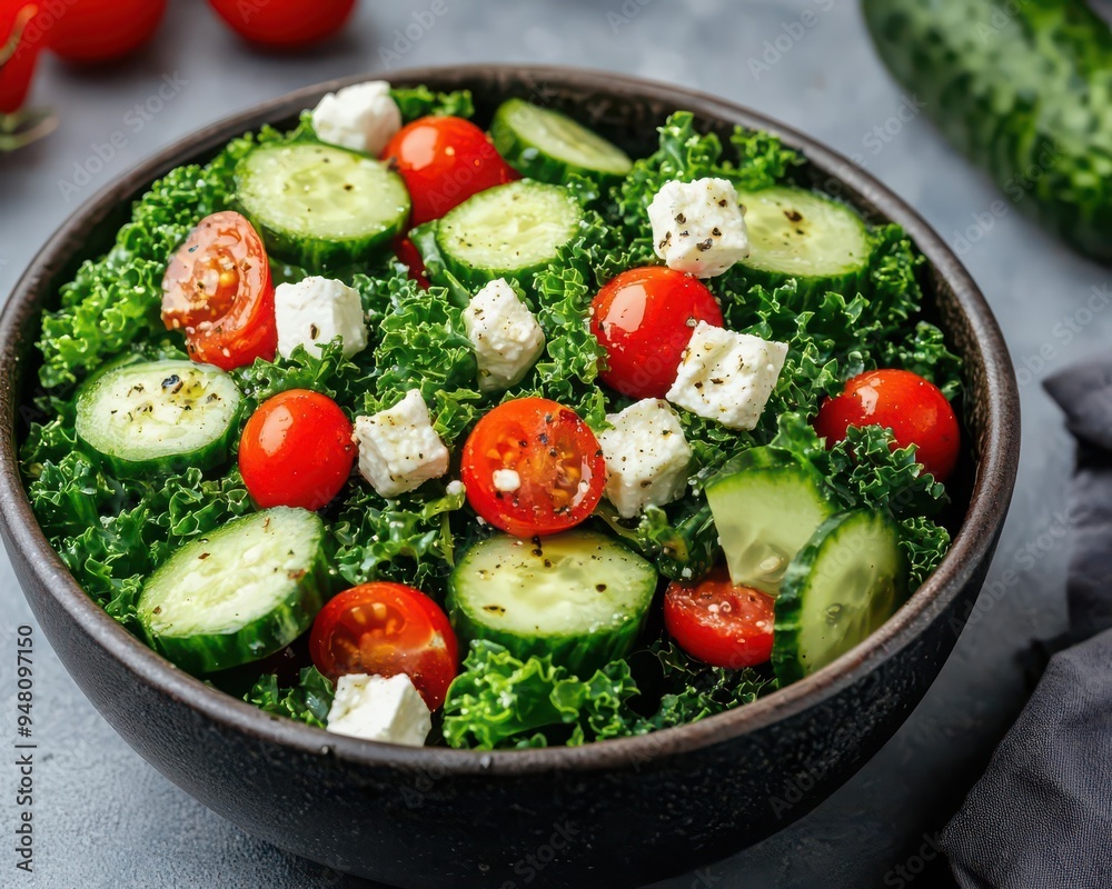 Fresh vegetable salad with kale, cucumber, cherry tomatoes, and feta cheese in a black bowl on a gray table. Healthy food concept. Fresh vegetable salad with kale, cucumber, cherry tomatoes, and feta cheese in a black bowl on a gray table. Healthy food concept.