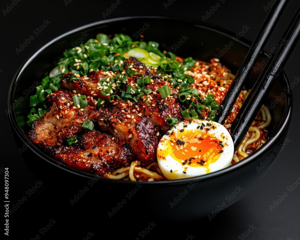 Delicious bowl of ramen with savory grilled chicken, soft-boiled egg, green onions, and sesame seeds, captured in a black bowl with chopsticks. Delicious bowl of ramen with savory grilled chicken, soft-boiled egg, green onions, and sesame seeds, captured in a black bowl with chopsticks.