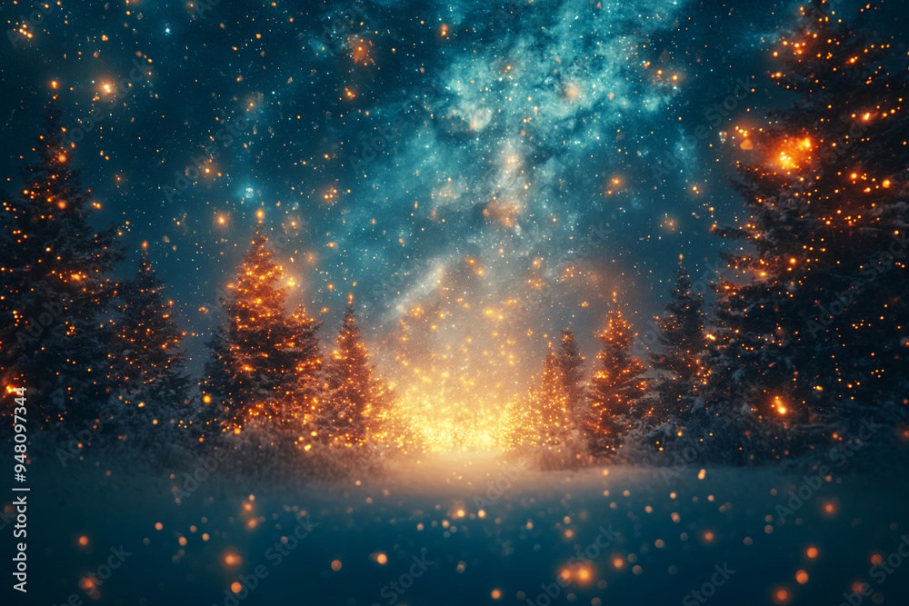 Fantasy winter forest with snow-covered trees with New Year lights. Christmas and New Year concept. Fantasy winter forest with snow-covered trees with New Year lights. Christmas and New Year concept.